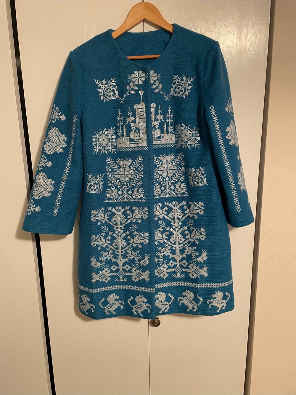 Teal Embroidered Wool Blend Coat size L